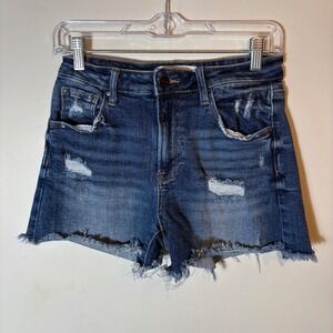 Risen Distressed Denim Jean Shorts Dark Wash Frayed Hem‎ Medium